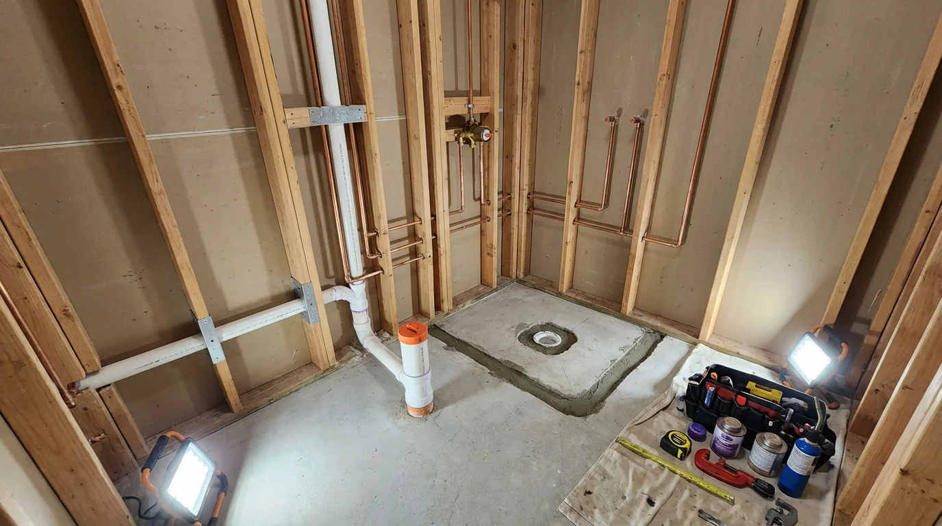 Bathroom rough-in plumbing during remodel by Johns Plumbing LLC in Haysville