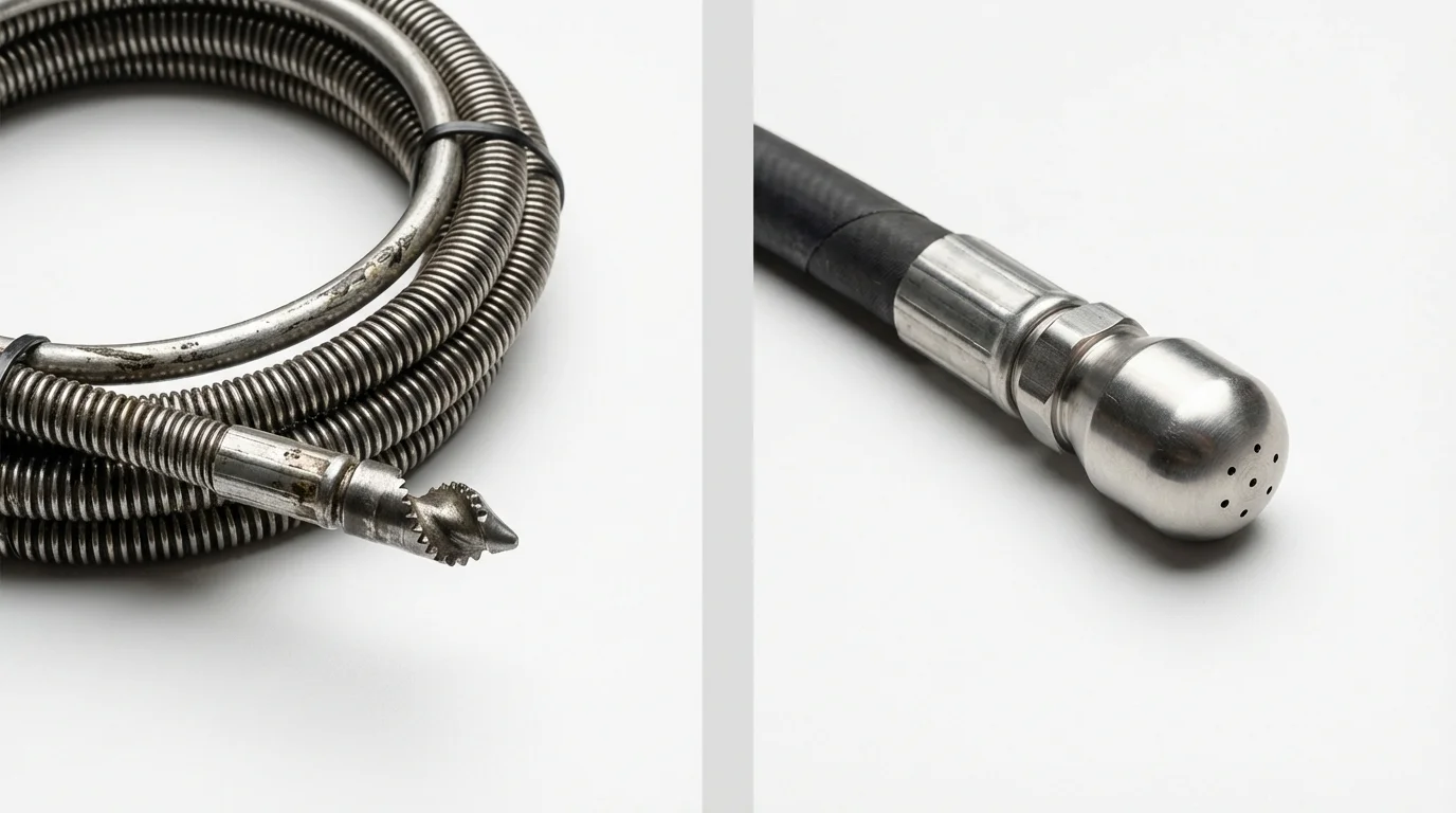 Drain snake cable and hydro jetting nozzle used for drain cleaning in Haysville, KS
