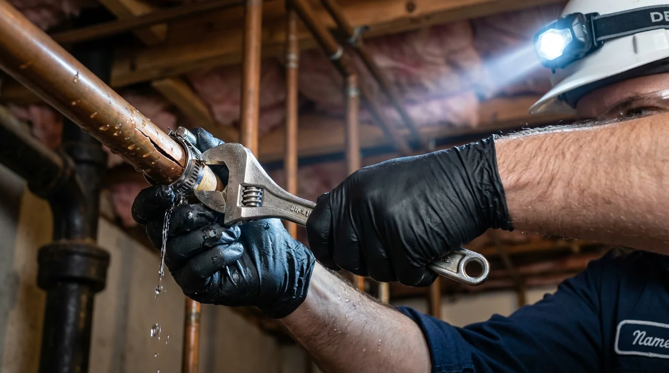 Emergency pipe clamp repair being performed by a Johns Plumbing LLC plumber in Haysville