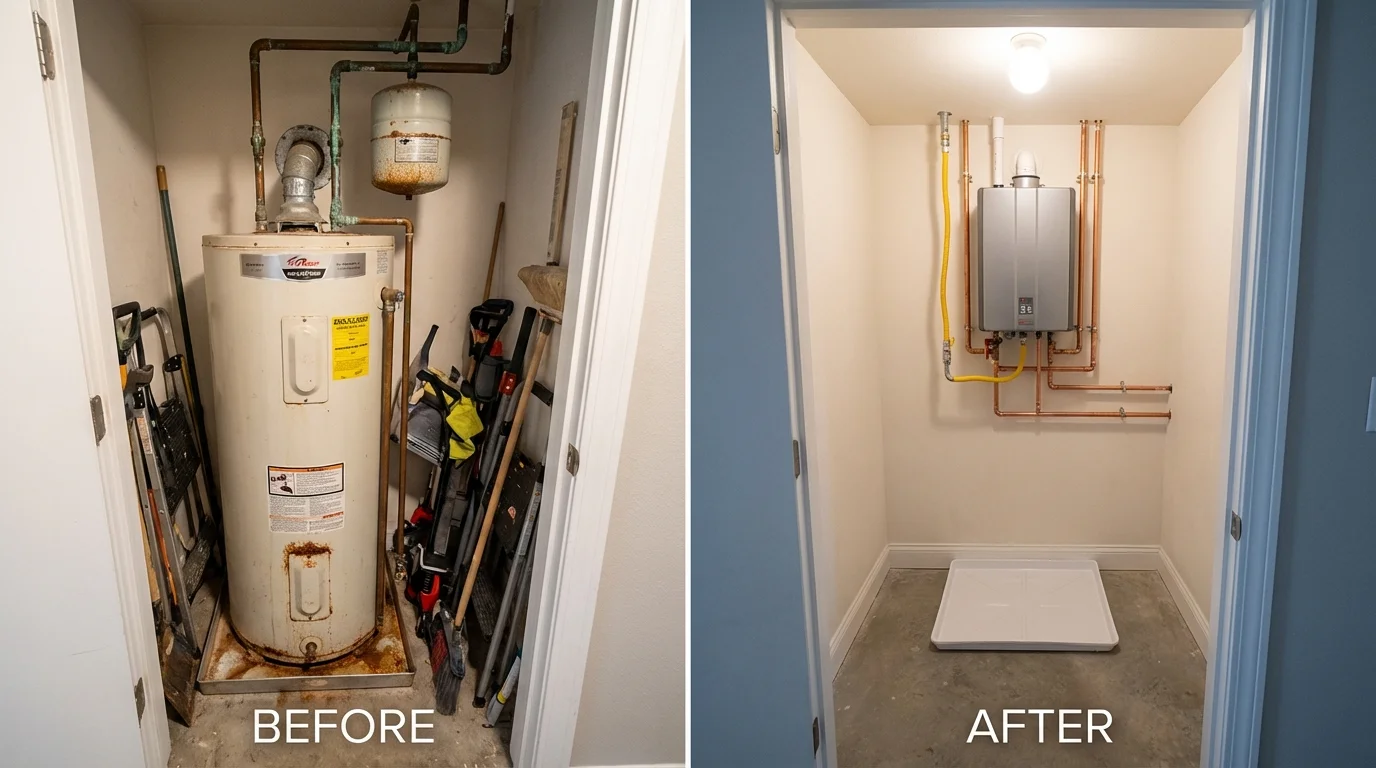 Tank water heater versus wall-mounted tankless unit comparison for Haysville, KS homeowners