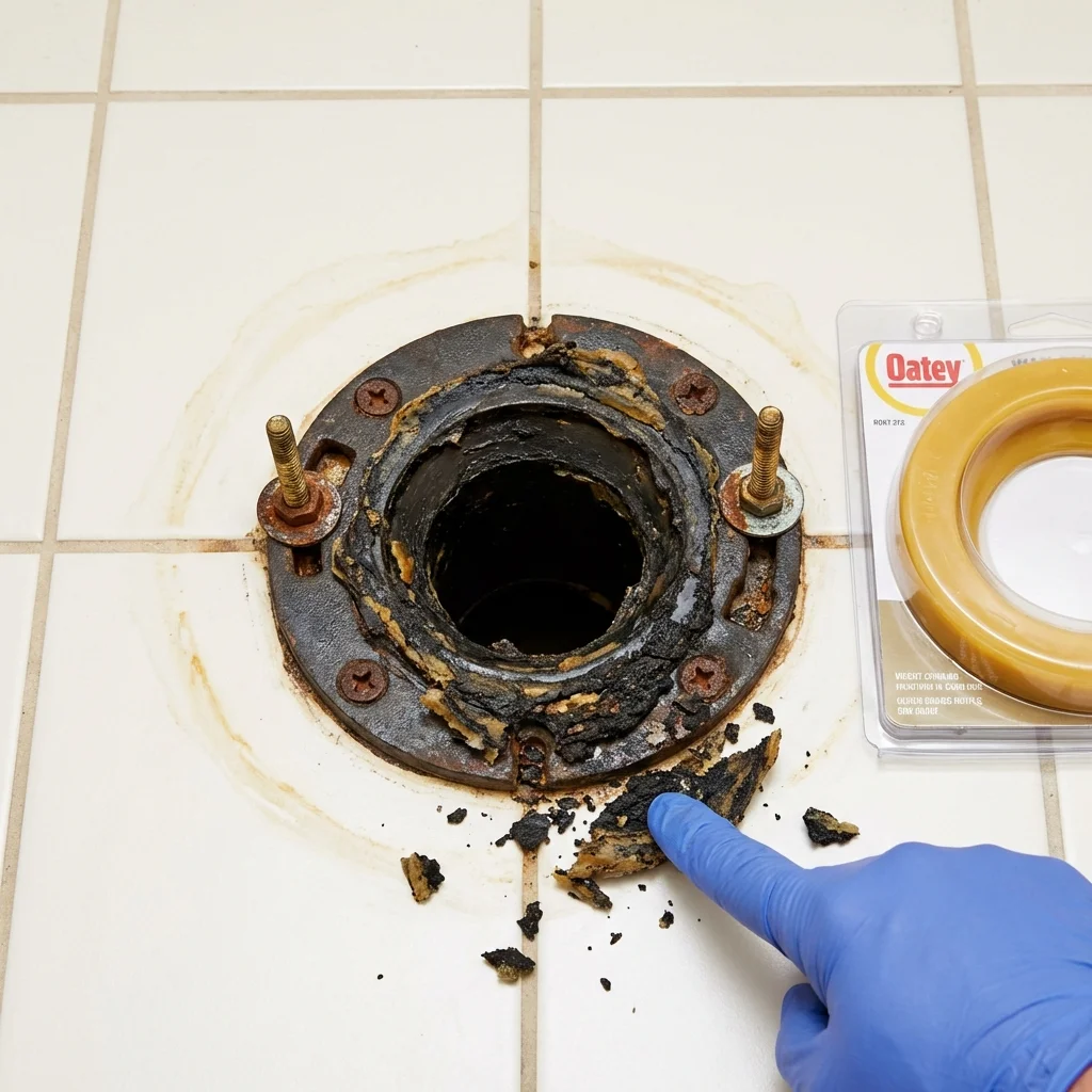 Failed wax ring showing water seepage at the base of a toilet in a Haysville, KS home