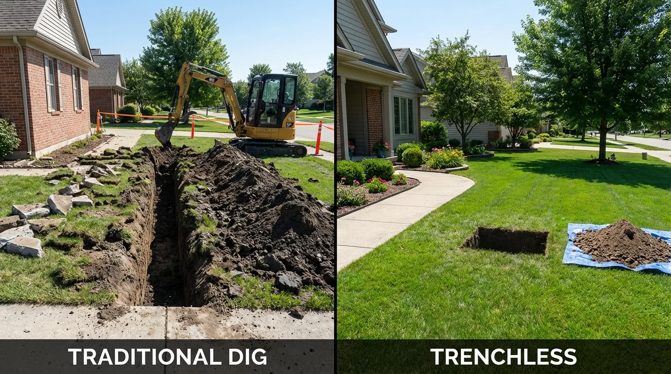 Trenchless sewer repair with minimal yard damage versus traditional excavation in Haysville, KS