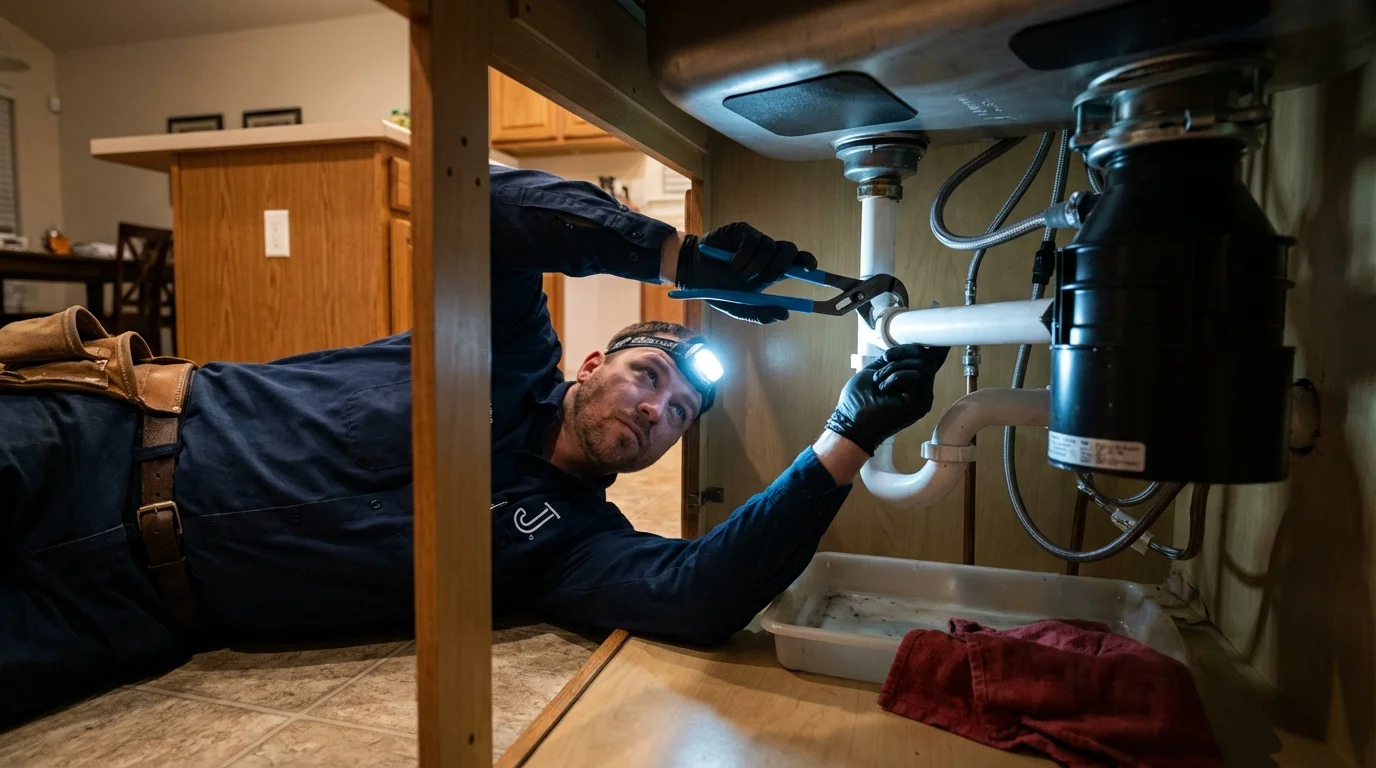 P-trap and supply line connections under a kitchen sink showing a common leak point in Haysville, KS